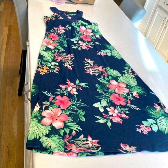 Tommy Bahama Hibiscus Flower Navy Hawalian Built in Bra Cotton Maxi Dress Small - Picture 3 of 7